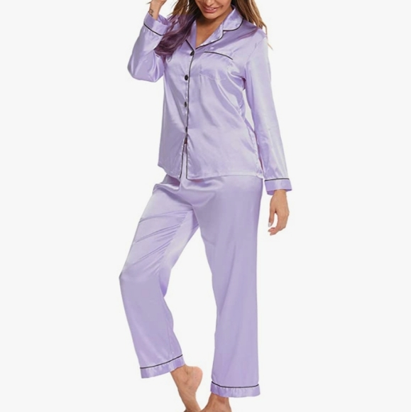 NEW LAVENDER SILKY LONG PAJAMA SET - Picture 3 of 5